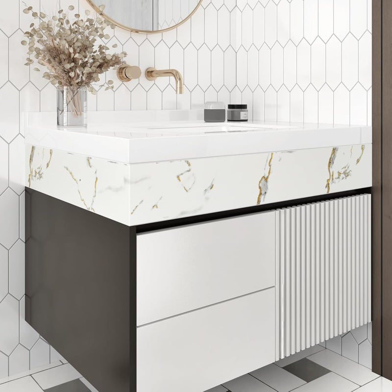 Wallercity White/Gold Marble Peel and Stick Wallpaper Borders for Counter Frame Marble Wall Paper Border Stickers for Bathroom Wall Decor 3.94''x394'' Vinyl Waterproof Border Film for Mirror Frame - Image 3